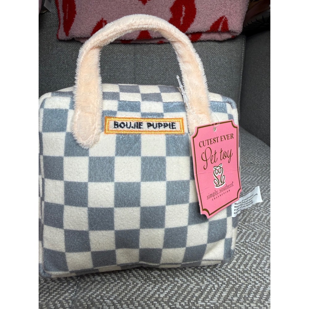 Simply Southern Boujie Puppie Plush Dog Toy Grey Checkered Handbag‎ Squeaky NEW